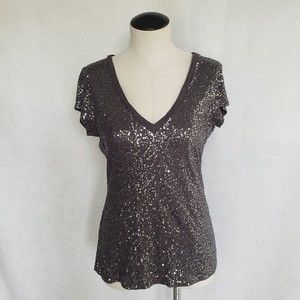 Express Womens Top Size Small Gray Sequin Tee Short Sleeve Cotton Blend